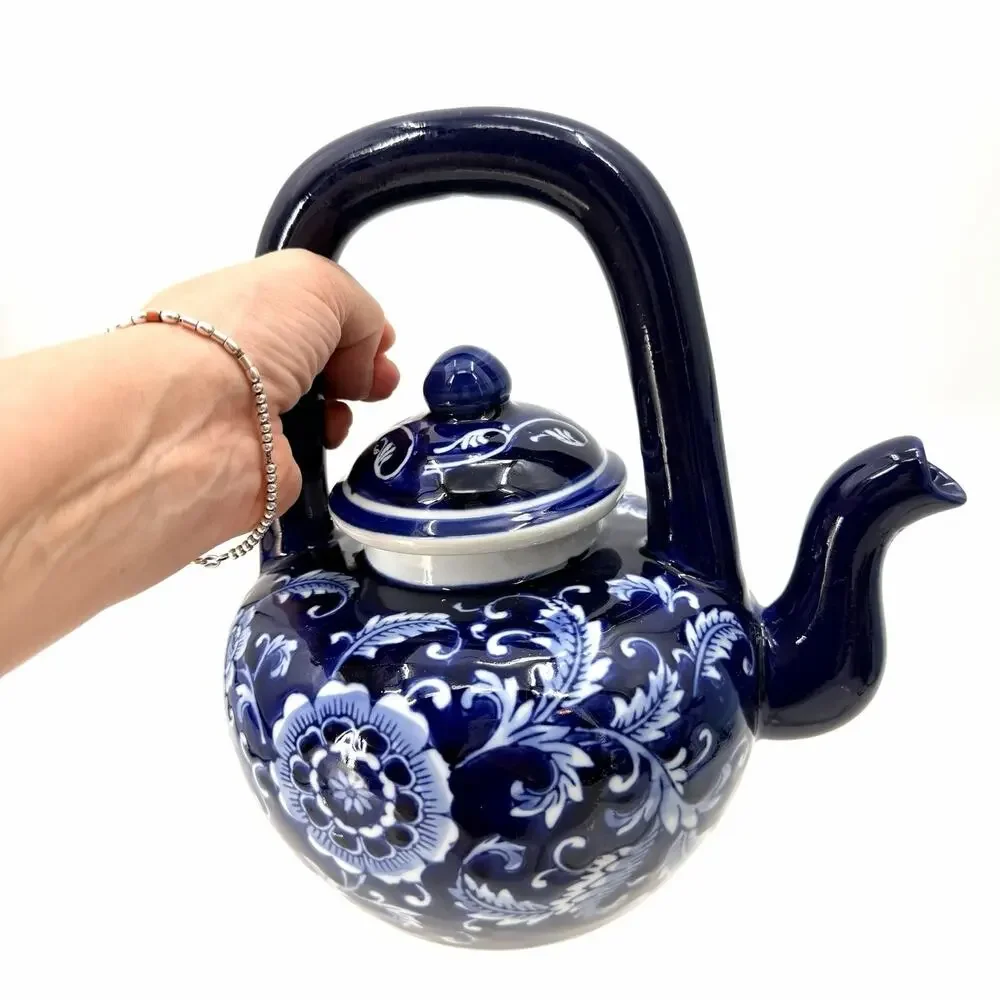 Mandarin Style Cobalt Blue White Floral Lidded Porcelain Teapot